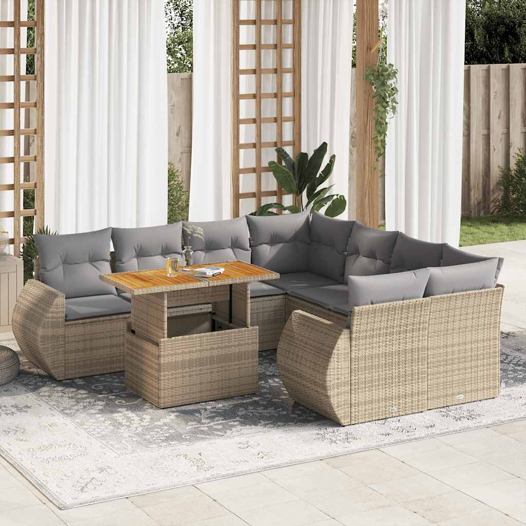 9 Pcs conjunto de sofás p/ jardim com almofadões vime PE bege