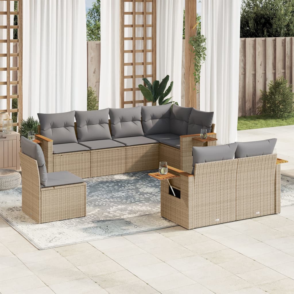 8 Pcs conjunto de sofás p/ jardim com almofadões vime PE bege