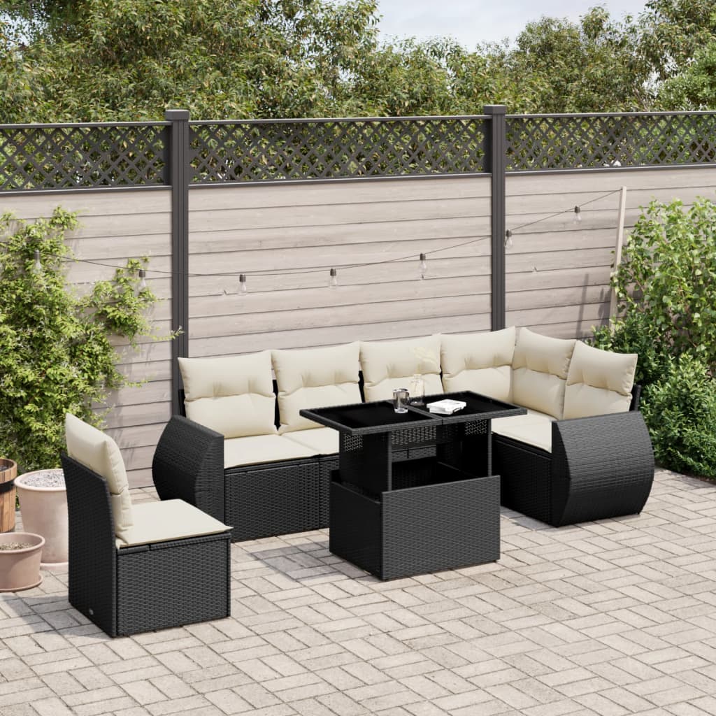 7 Pcs conjunto de sofás p/ jardim c/ almofadões vime PE preto