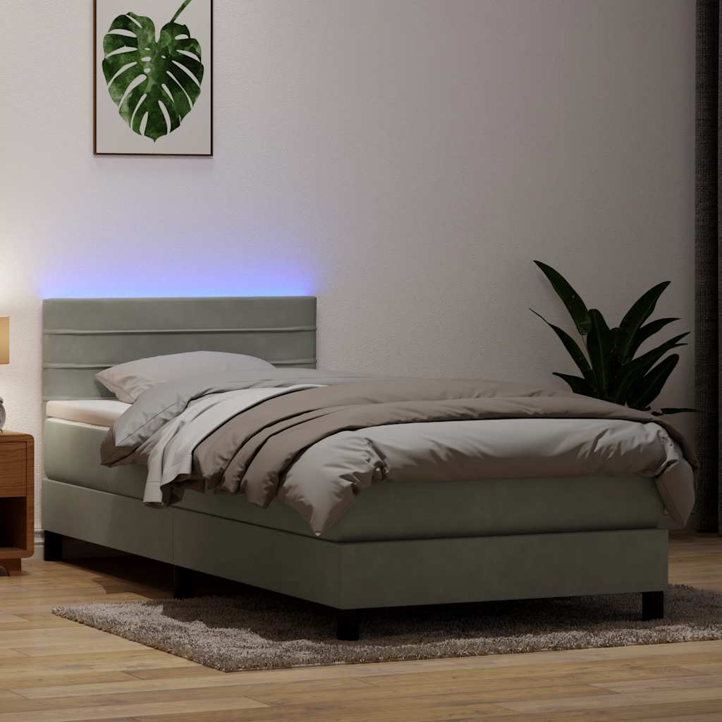 Cama box spring c/ colchão e LED cinzento-claro 80x210 cm veludo