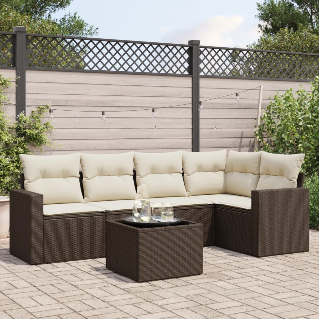 6 Pcs conjunto de sofás jardim c/ almofadões vime PE castanho