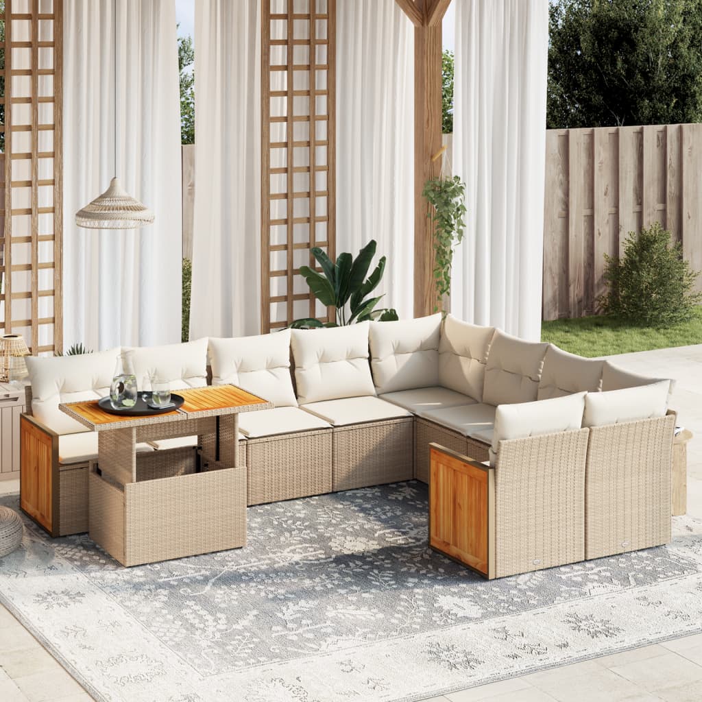 10 Pcs conjunto de sofás p/ jardim com almofadões vime PE bege