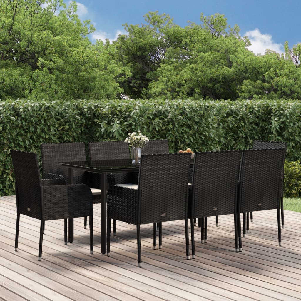 9 Pcs conjunto de jantar p/ jardim c/ almofadões vime PE preto
