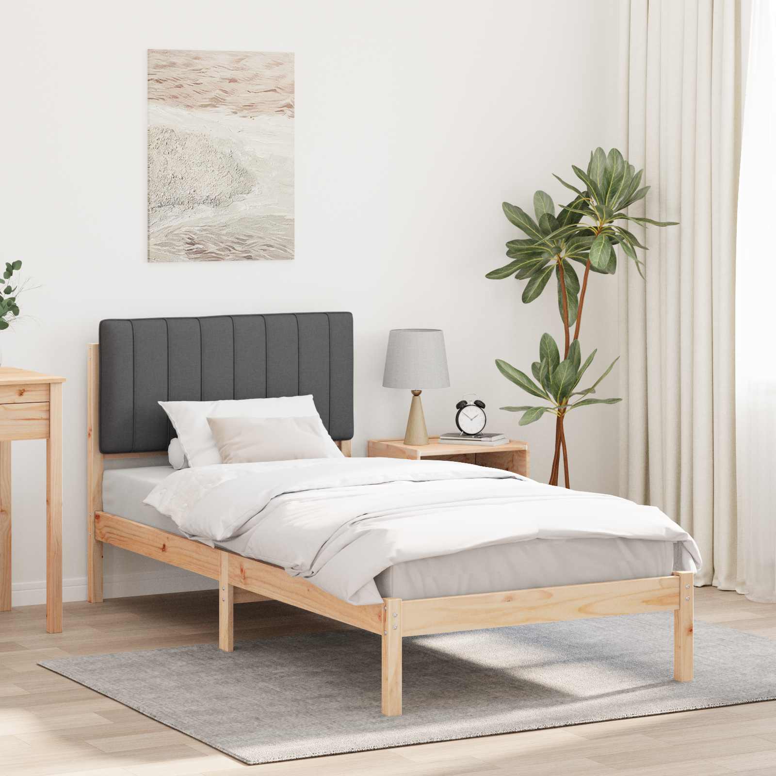 Estrutura de cama com cabeceira estofada cinza escuro