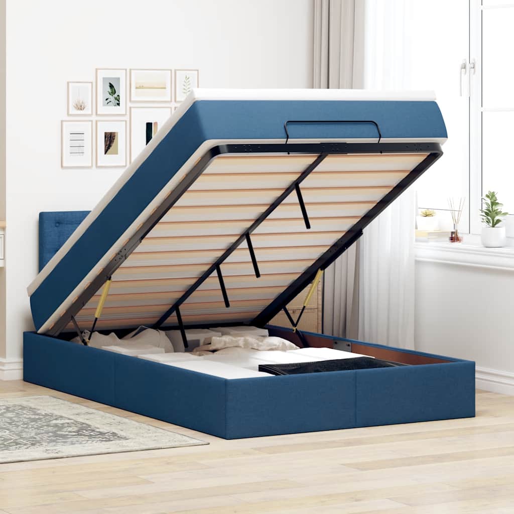Cama otomana com colchão & leds 120x190cm tecido azul