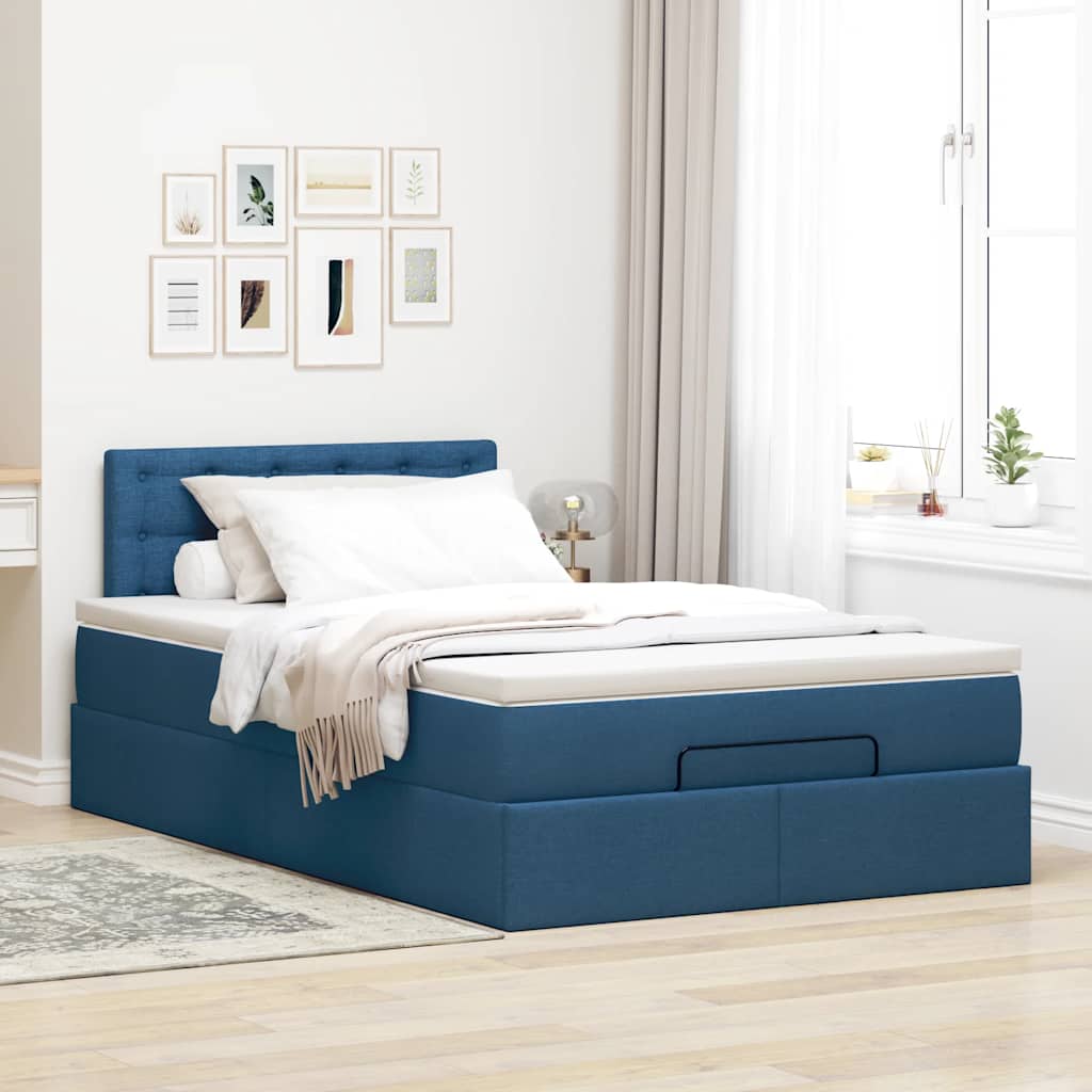 Cama otomana com colchão & leds 120x190cm tecido azul