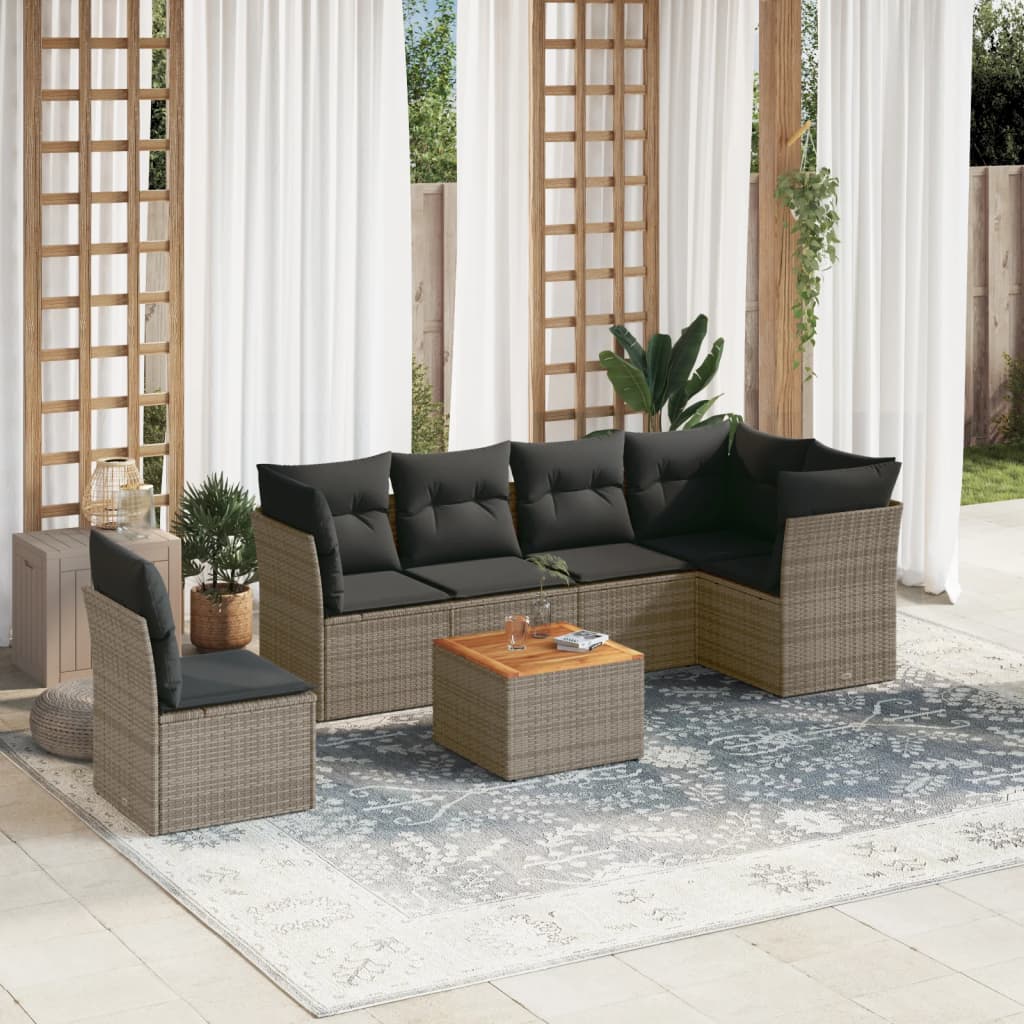 7 Pcs conjunto sofás p/ jardim c/ almofadões vime PE cinzento