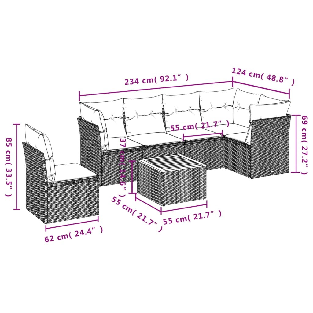 7 Pcs conjunto sofás p/ jardim c/ almofadões vime PE cinzento