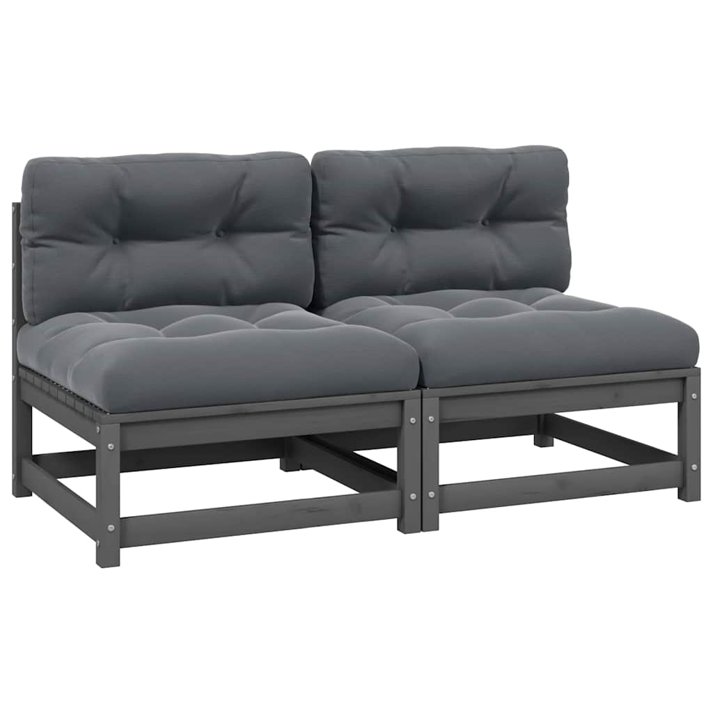 Sofás centro jardim c/ almofadões 2 pcs pinho maciço cinzento