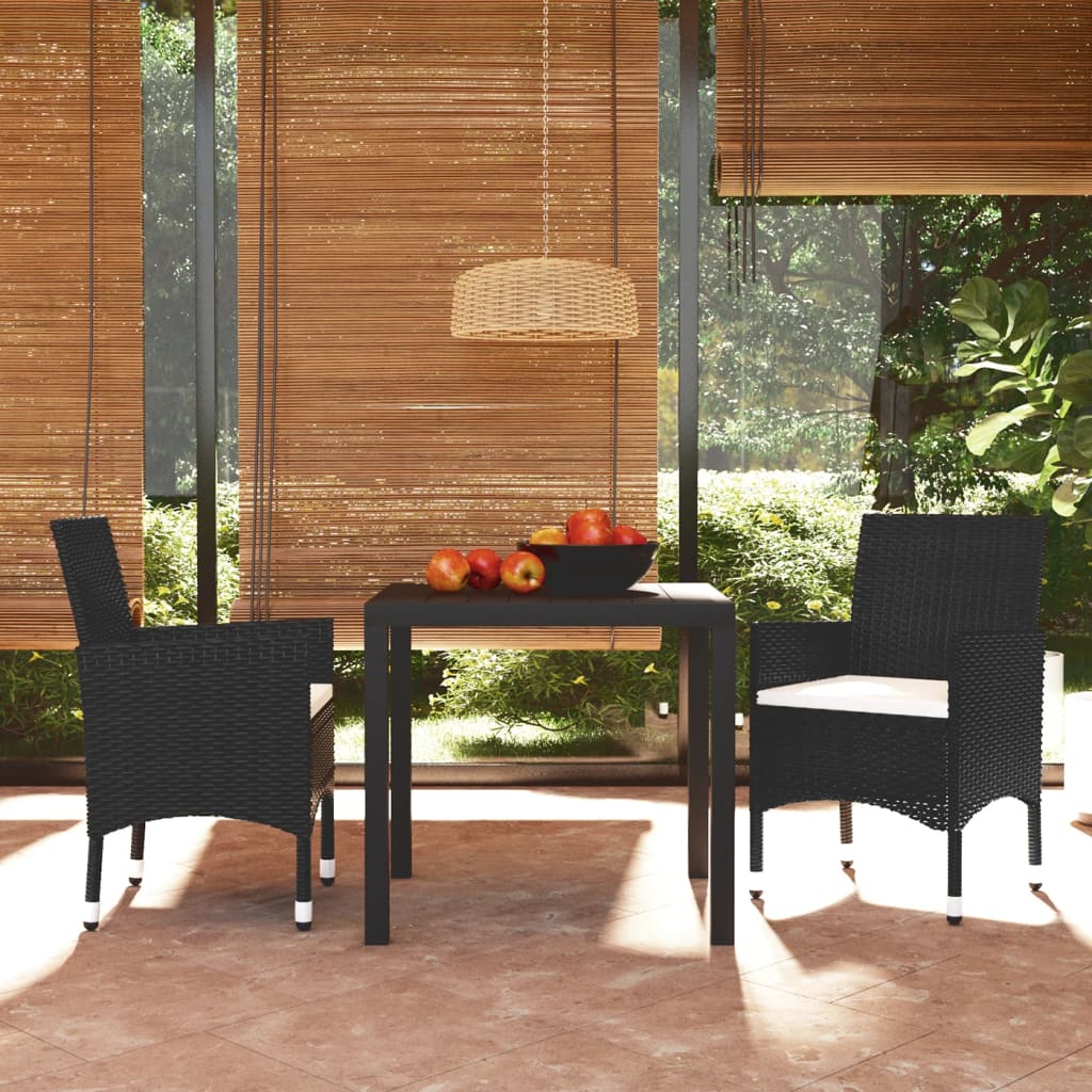 3 Pcs conjunto de jantar p/ jardim c/ almofadões vime PE preto