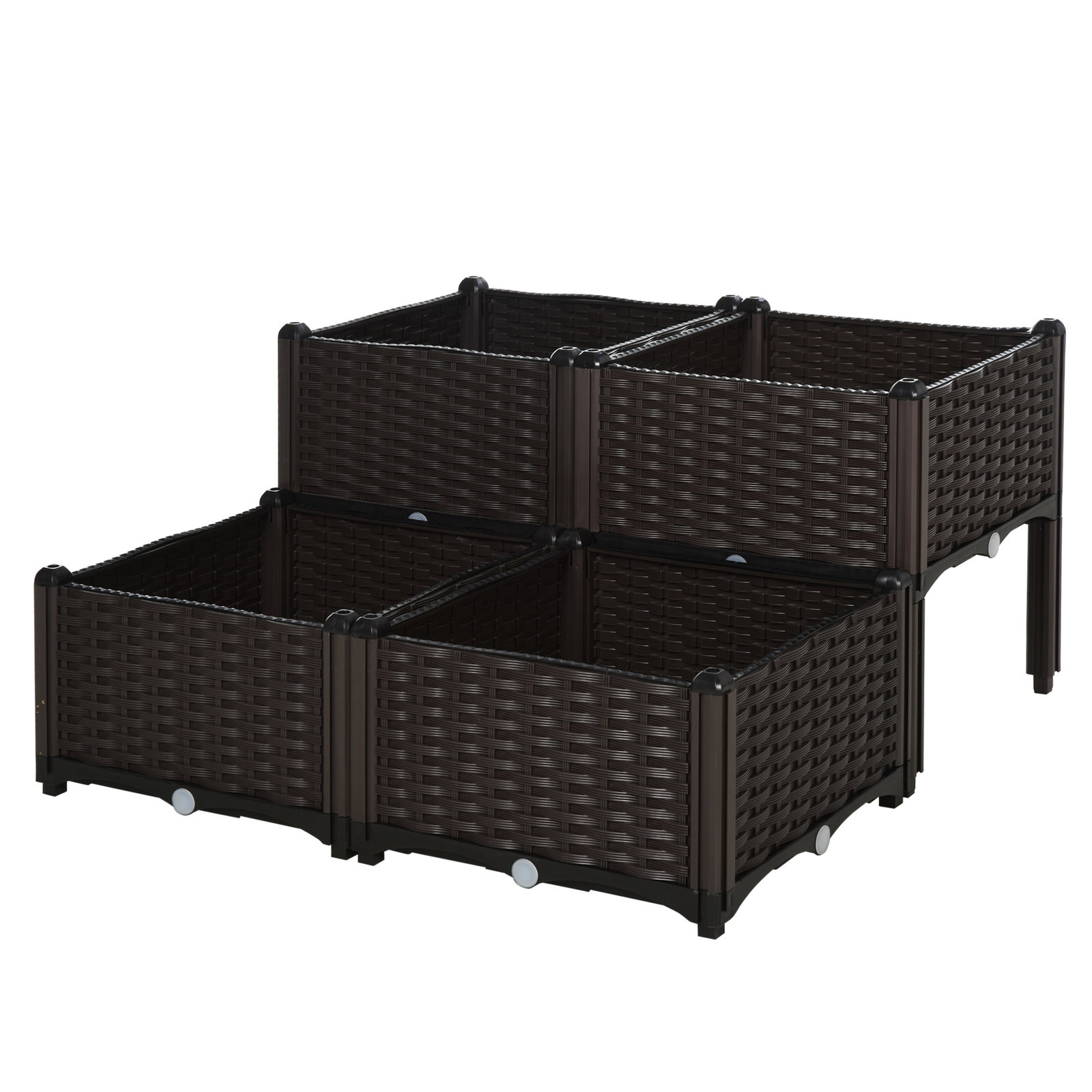 Conjunto de 4 floreiras quadradas floreiras para flores e vegetais com orifícios de drenagem e pés altos 80x40x26-44 cm marrom