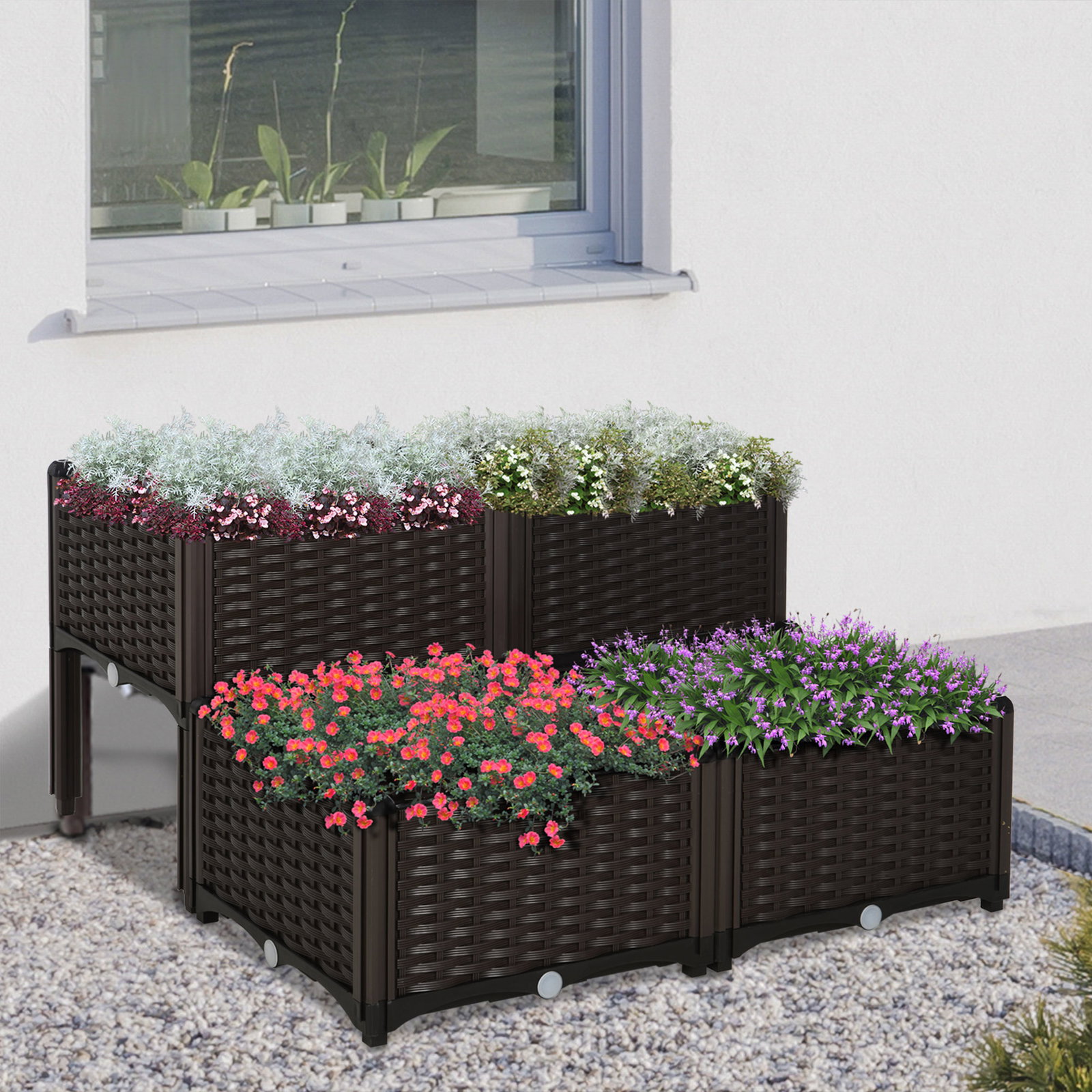 Conjunto de 4 floreiras quadradas floreiras para flores e vegetais com orifícios de drenagem e pés altos 80x40x26-44 cm marrom