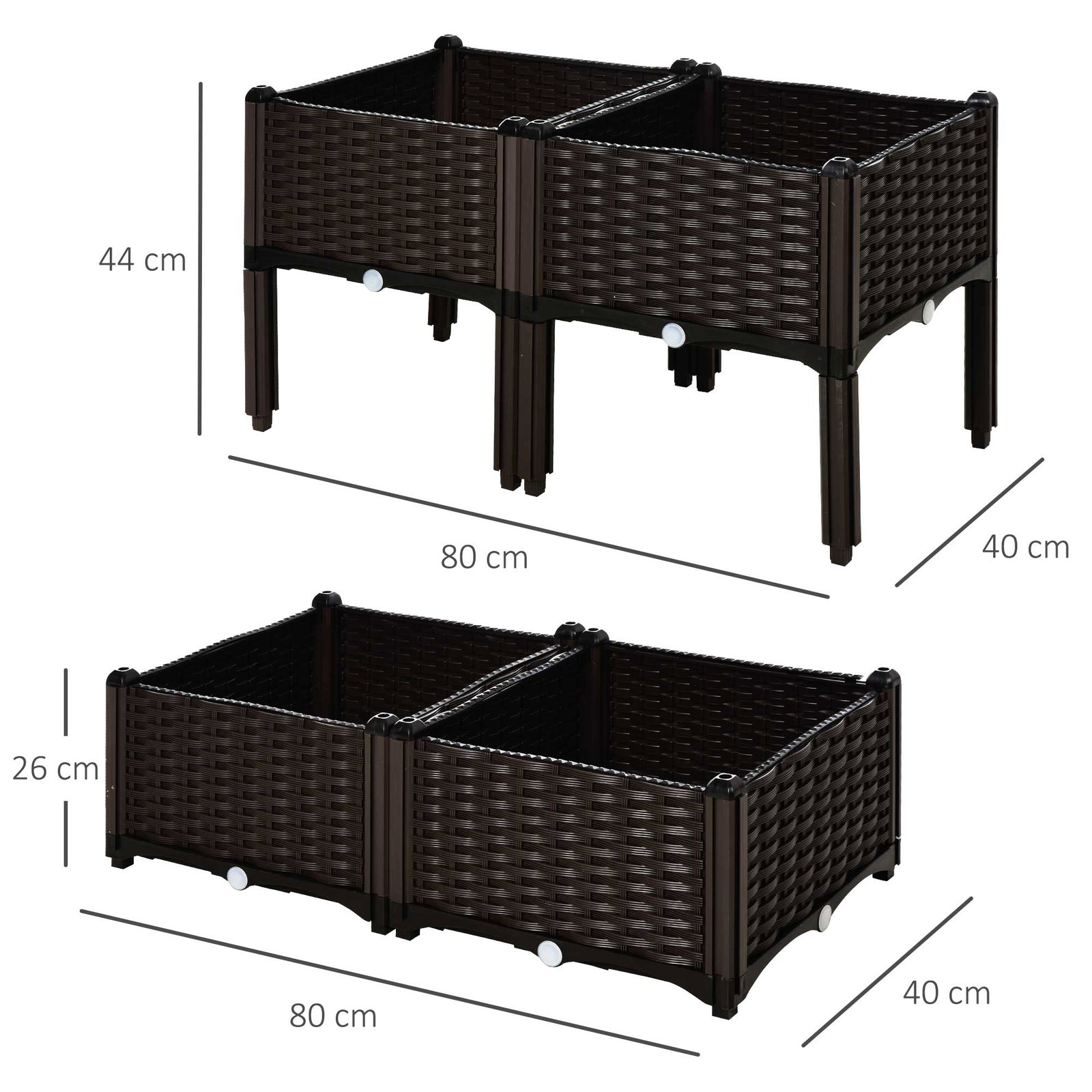 Conjunto de 4 floreiras quadradas floreiras para flores e vegetais com orifícios de drenagem e pés altos 80x40x26-44 cm marrom