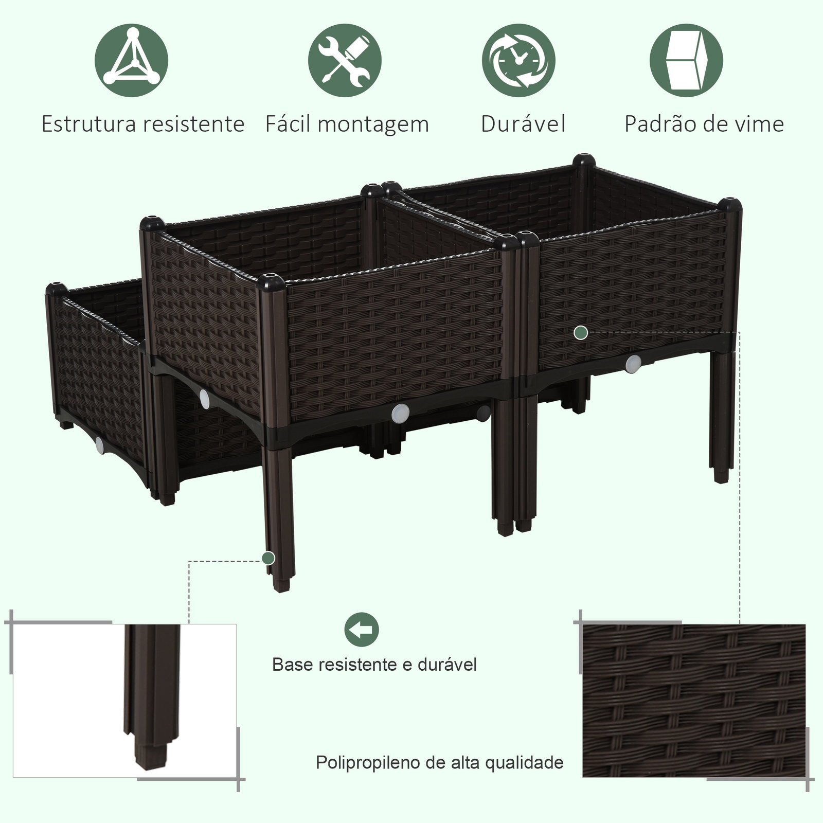 Conjunto de 4 floreiras quadradas floreiras para flores e vegetais com orifícios de drenagem e pés altos 80x40x26-44 cm marrom