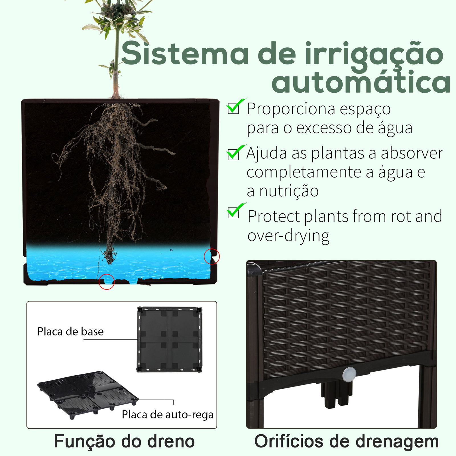 Conjunto de 4 floreiras quadradas floreiras para flores e vegetais com orifícios de drenagem e pés altos 80x40x26-44 cm marrom