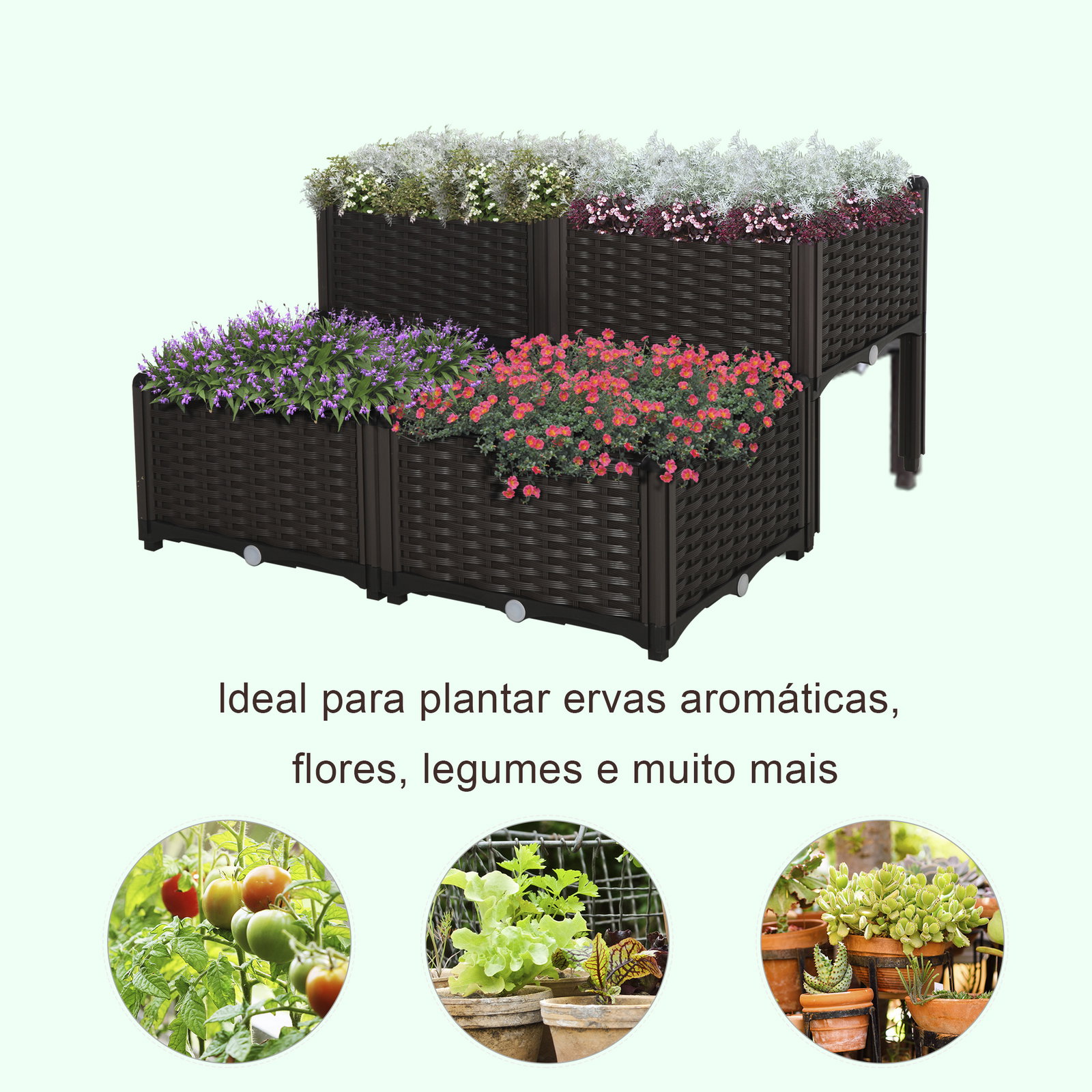 Conjunto de 4 floreiras quadradas floreiras para flores e vegetais com orifícios de drenagem e pés altos 80x40x26-44 cm marrom