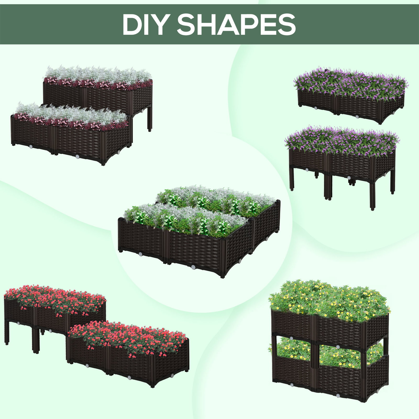 Conjunto de 4 floreiras quadradas floreiras para flores e vegetais com orifícios de drenagem e pés altos 80x40x26-44 cm marrom