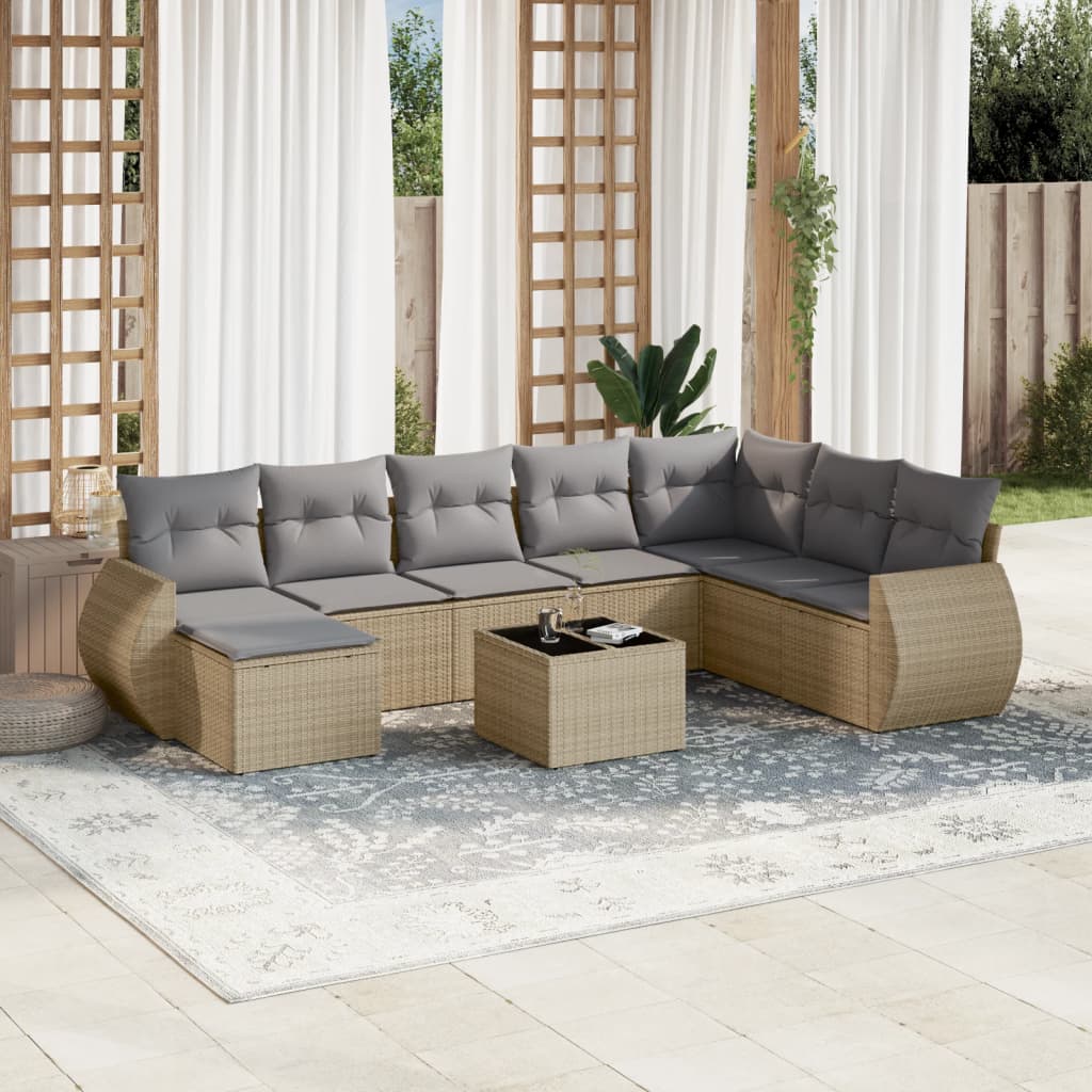 9 Pcs conjunto de sofás p/ jardim com almofadões vime PE bege