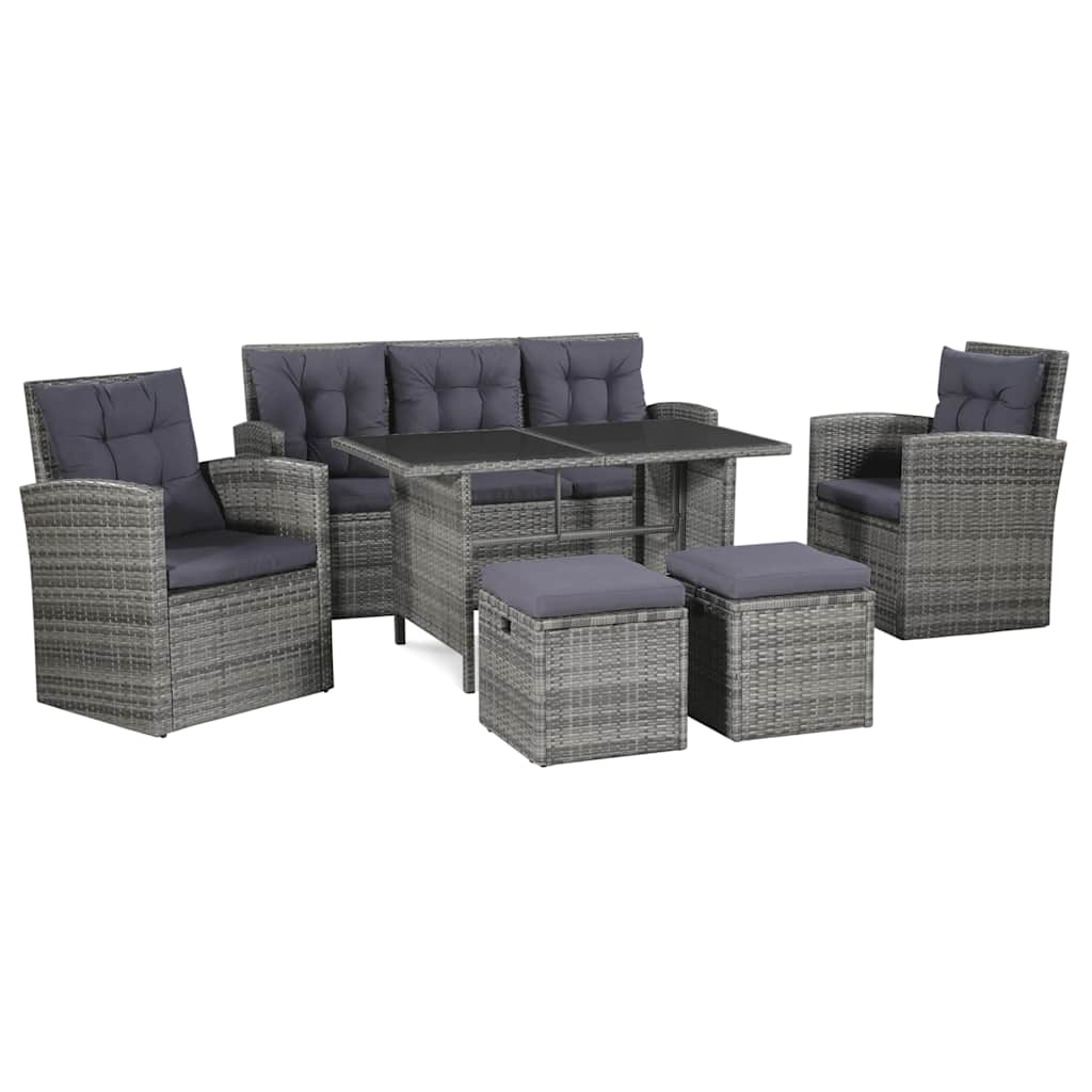 6 Pcs conjunto lounge de jardim c/ almofadões vime PE cinzento