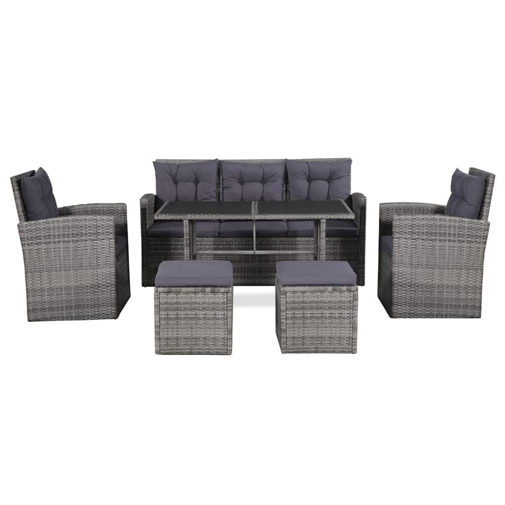 6 Pcs conjunto lounge de jardim c/ almofadões vime PE cinzento