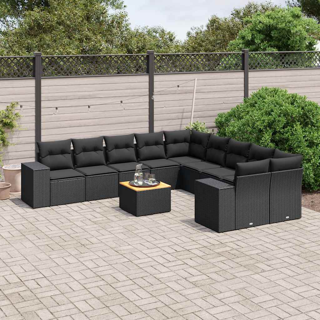 11 Pcs conjunto sofás de jardim c/ almofadões vime PE preto