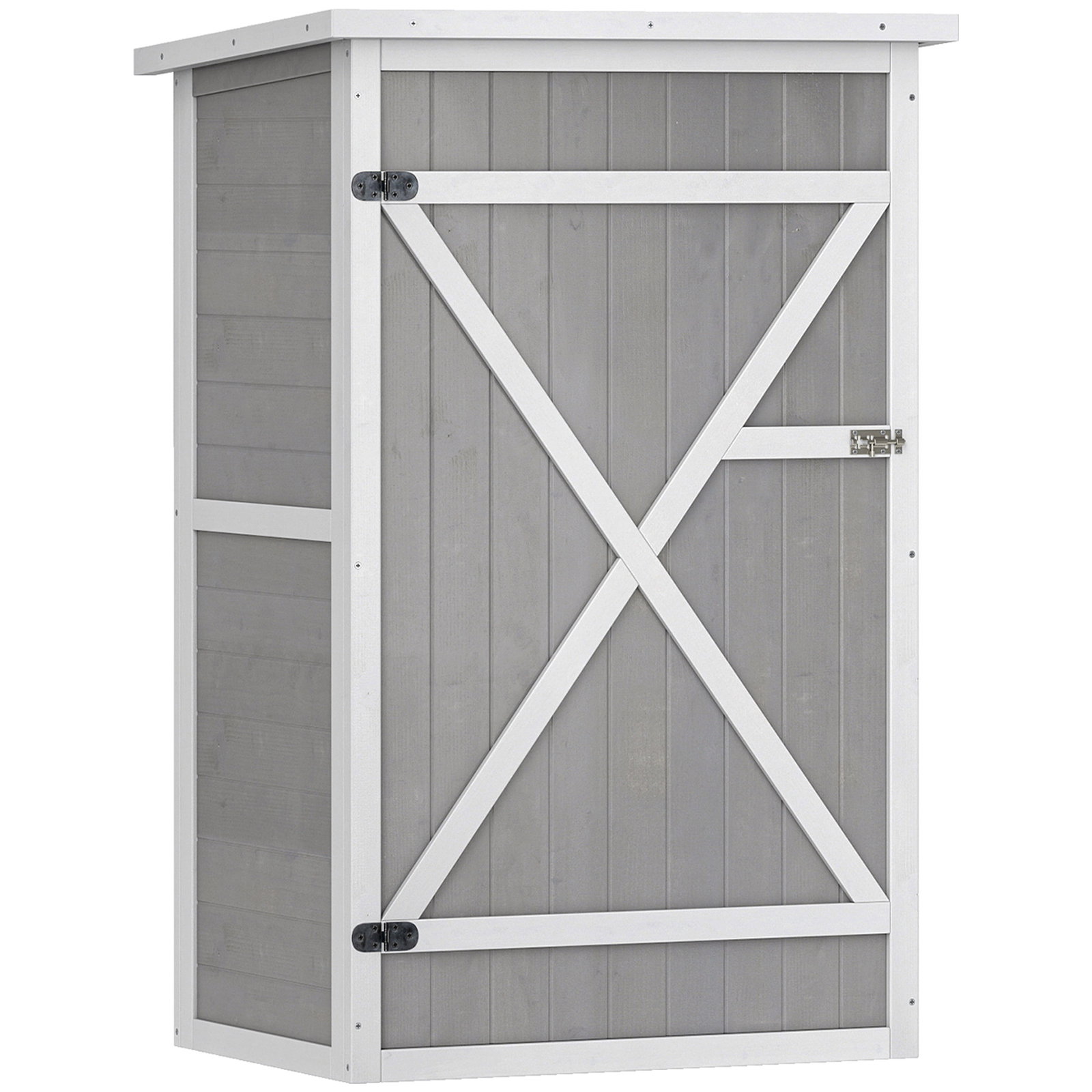 Armário de jardim de madeira 75x56x115cm para ferramentas com 3 prateleiras interiores porta com trava e teto asfáltico cinza