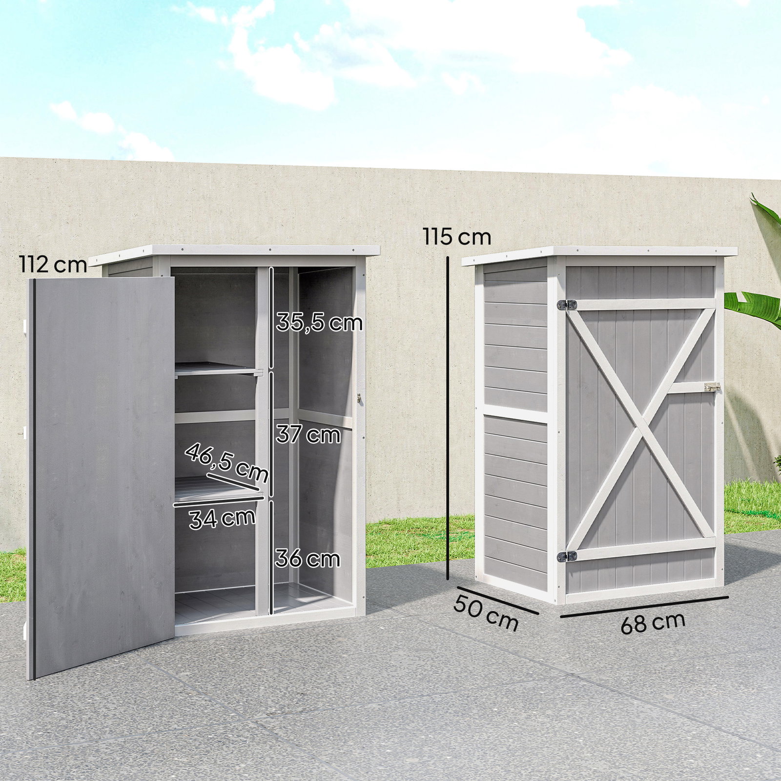 Armário de jardim de madeira 75x56x115cm para ferramentas com 3 prateleiras interiores porta com trava e teto asfáltico cinza