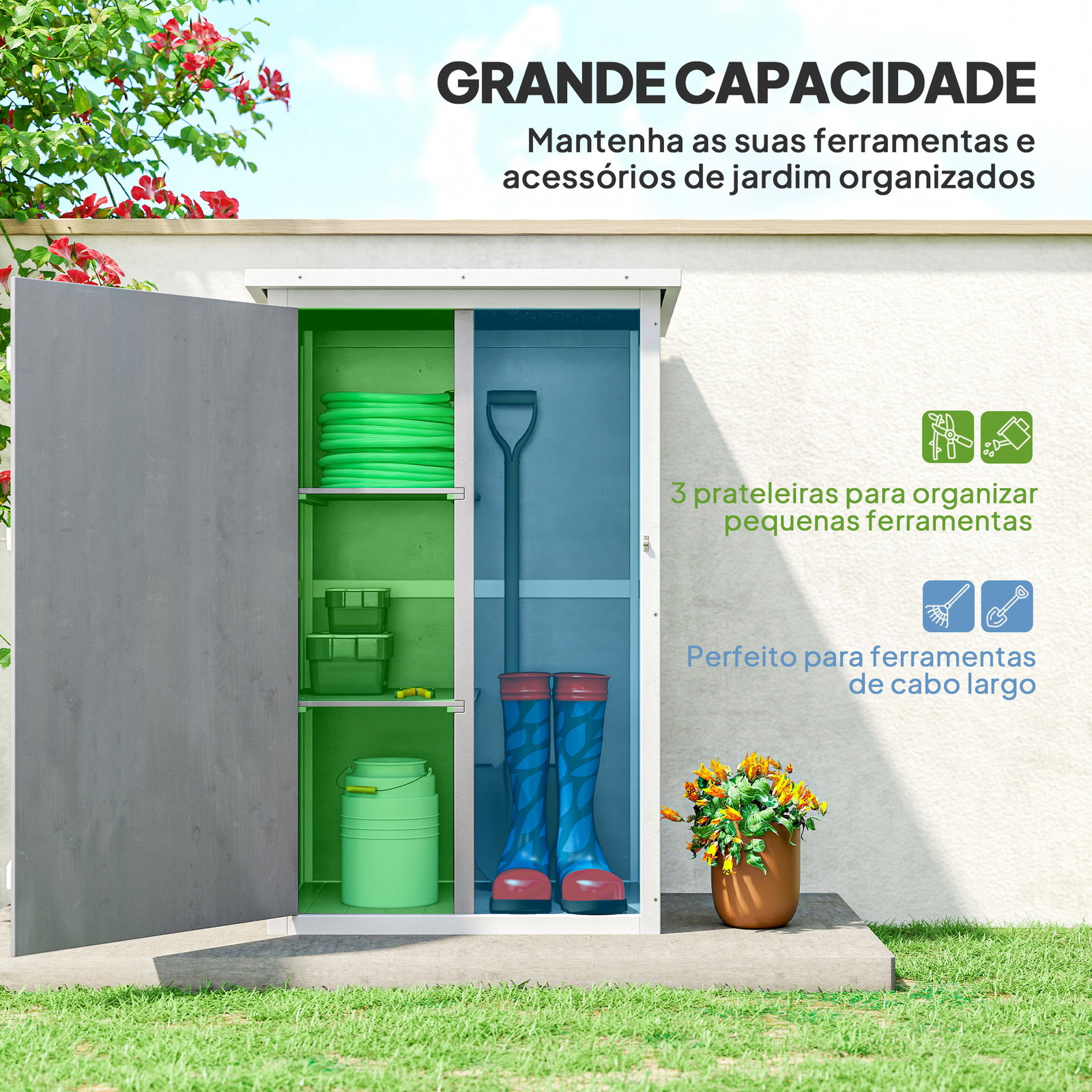 Armário de jardim de madeira 75x56x115cm para ferramentas com 3 prateleiras interiores porta com trava e teto asfáltico cinza