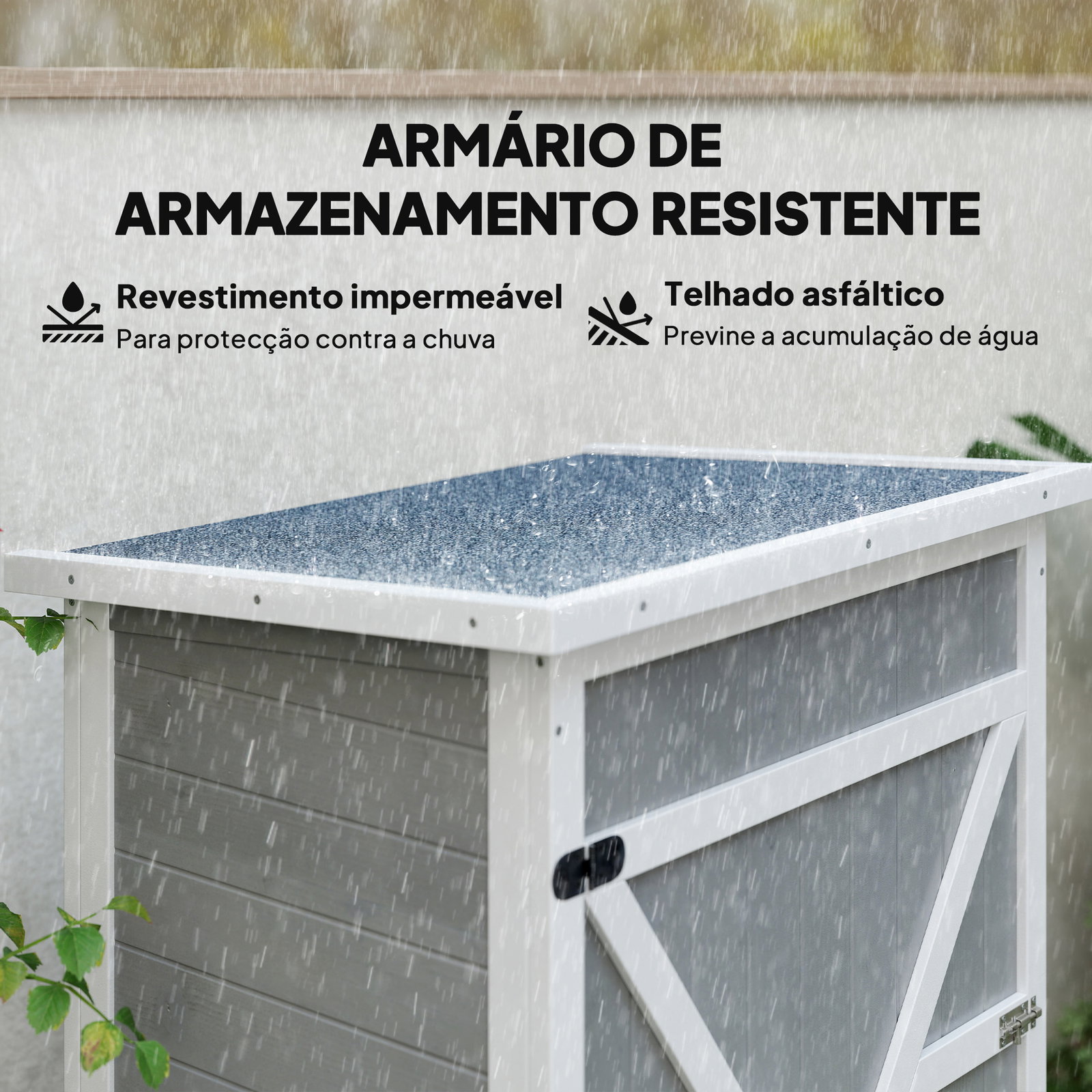Armário de jardim de madeira 75x56x115cm para ferramentas com 3 prateleiras interiores porta com trava e teto asfáltico cinza