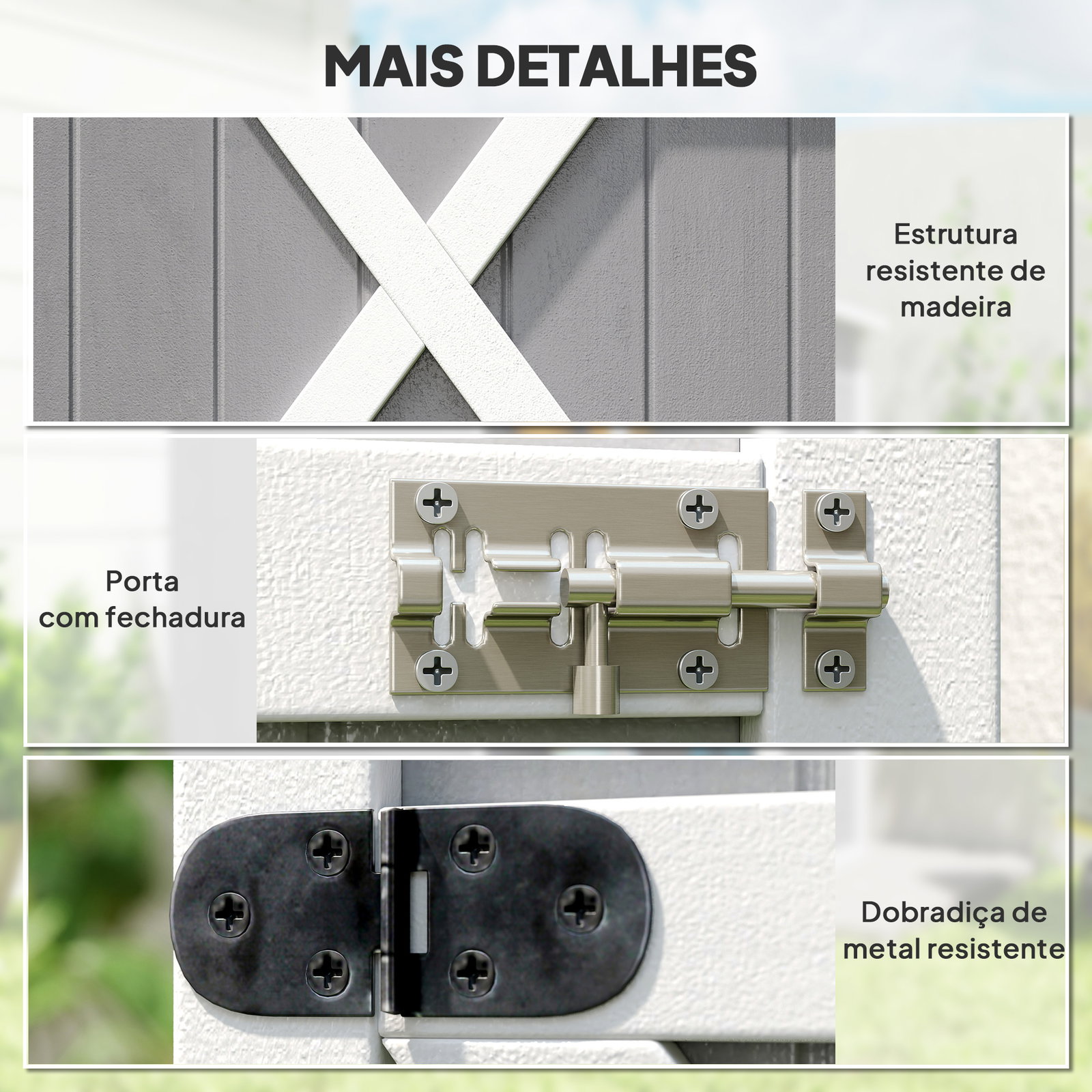 Armário de jardim de madeira 75x56x115cm para ferramentas com 3 prateleiras interiores porta com trava e teto asfáltico cinza