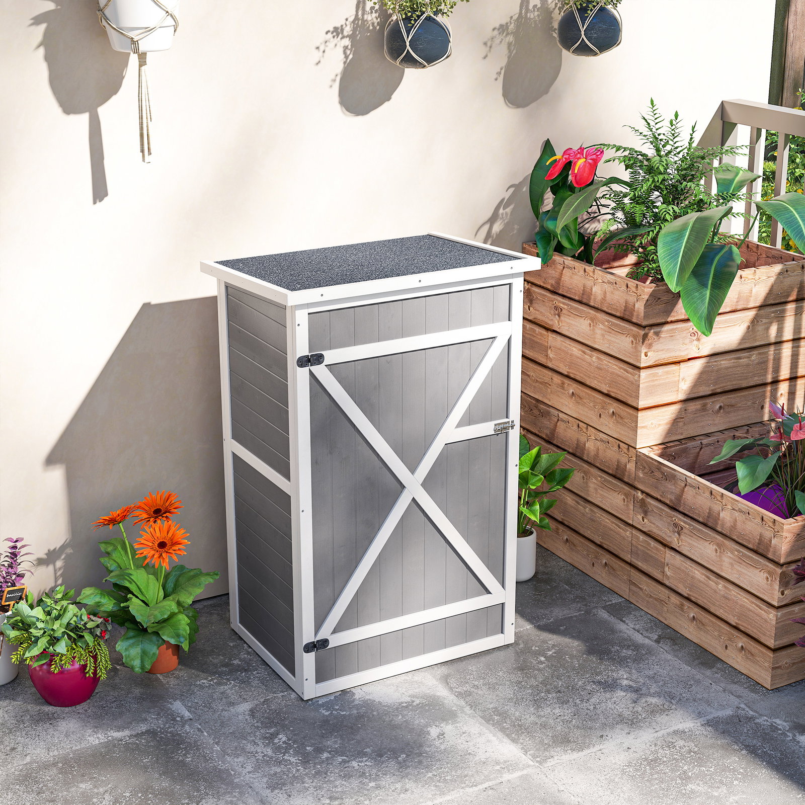 Armário de jardim de madeira 75x56x115cm para ferramentas com 3 prateleiras interiores porta com trava e teto asfáltico cinza