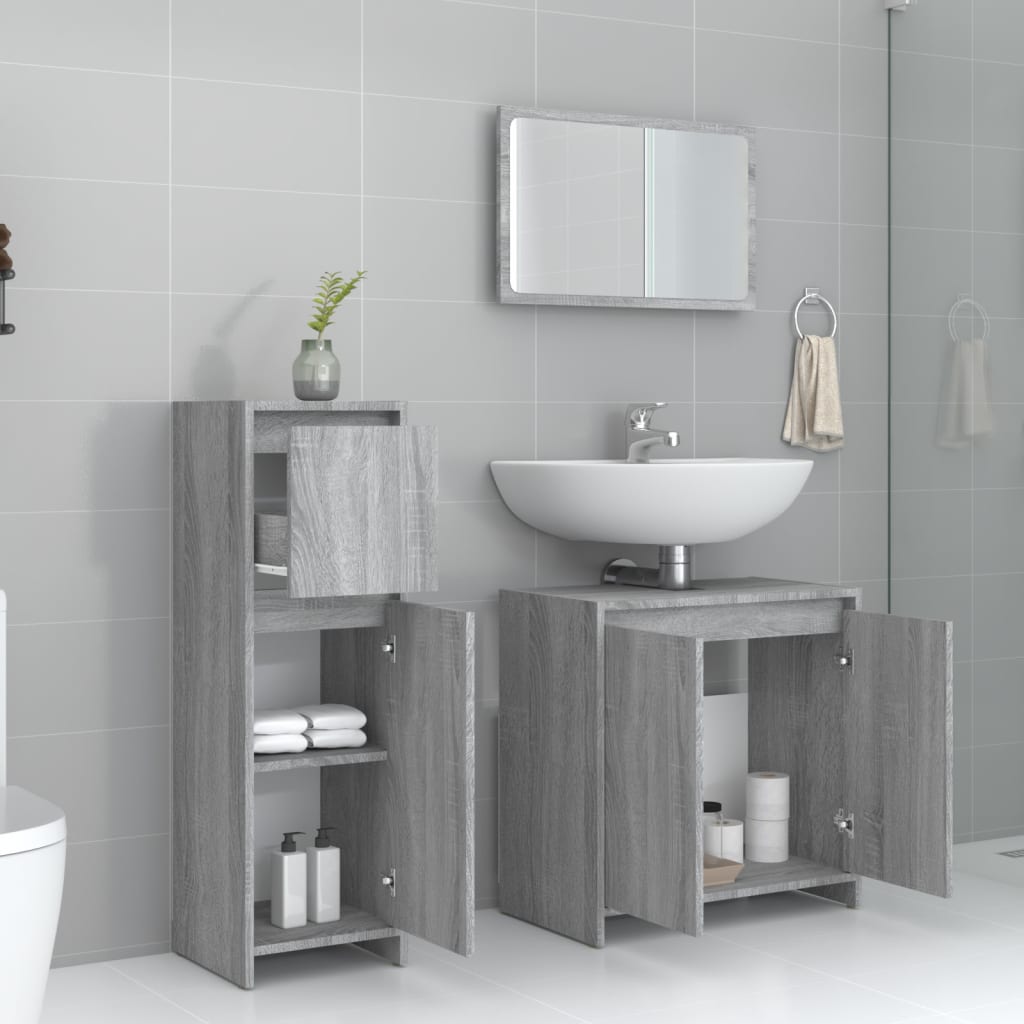 3 Pcs conjunto móveis casa de banho madeira proc. cinza sonoma