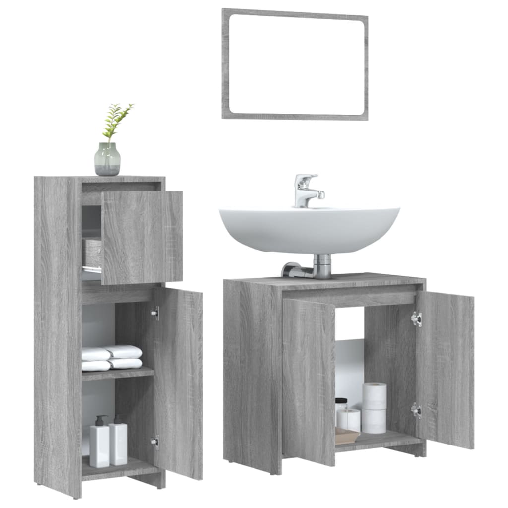 3 Pcs conjunto móveis casa de banho madeira proc. cinza sonoma