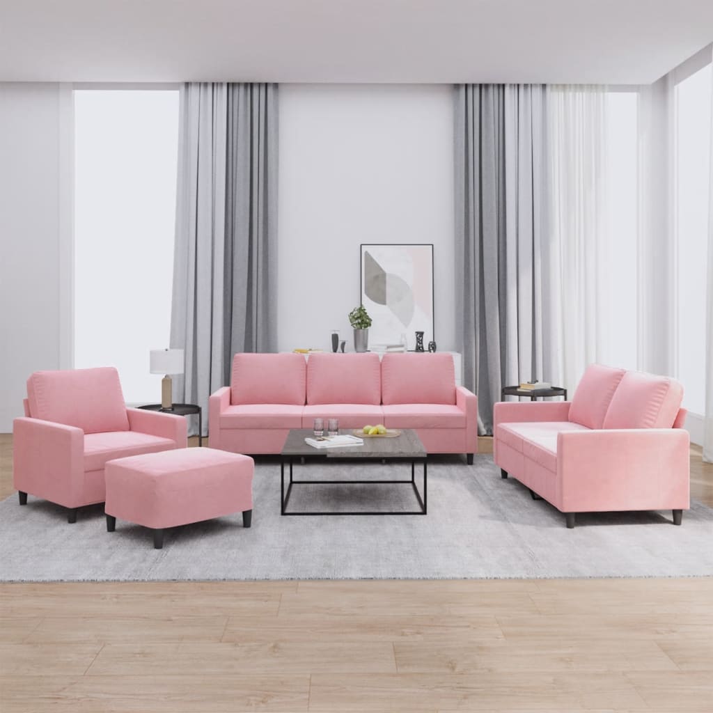 4 Pcs conjunto de sofás com almofadões veludo rosa
