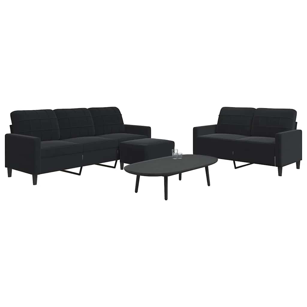 3 Pcs conjunto de sofás com almofadões veludo preto
