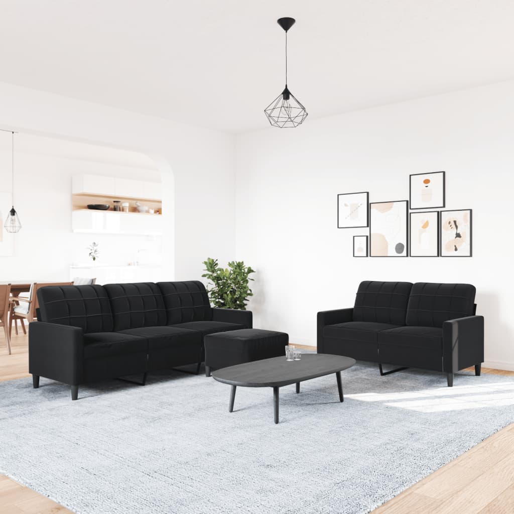 3 Pcs conjunto de sofás com almofadões veludo preto