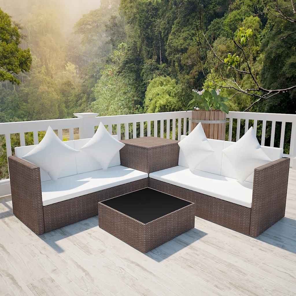 4 Pcs conjunto lounge jardim c/ almofadões vime PE castanho