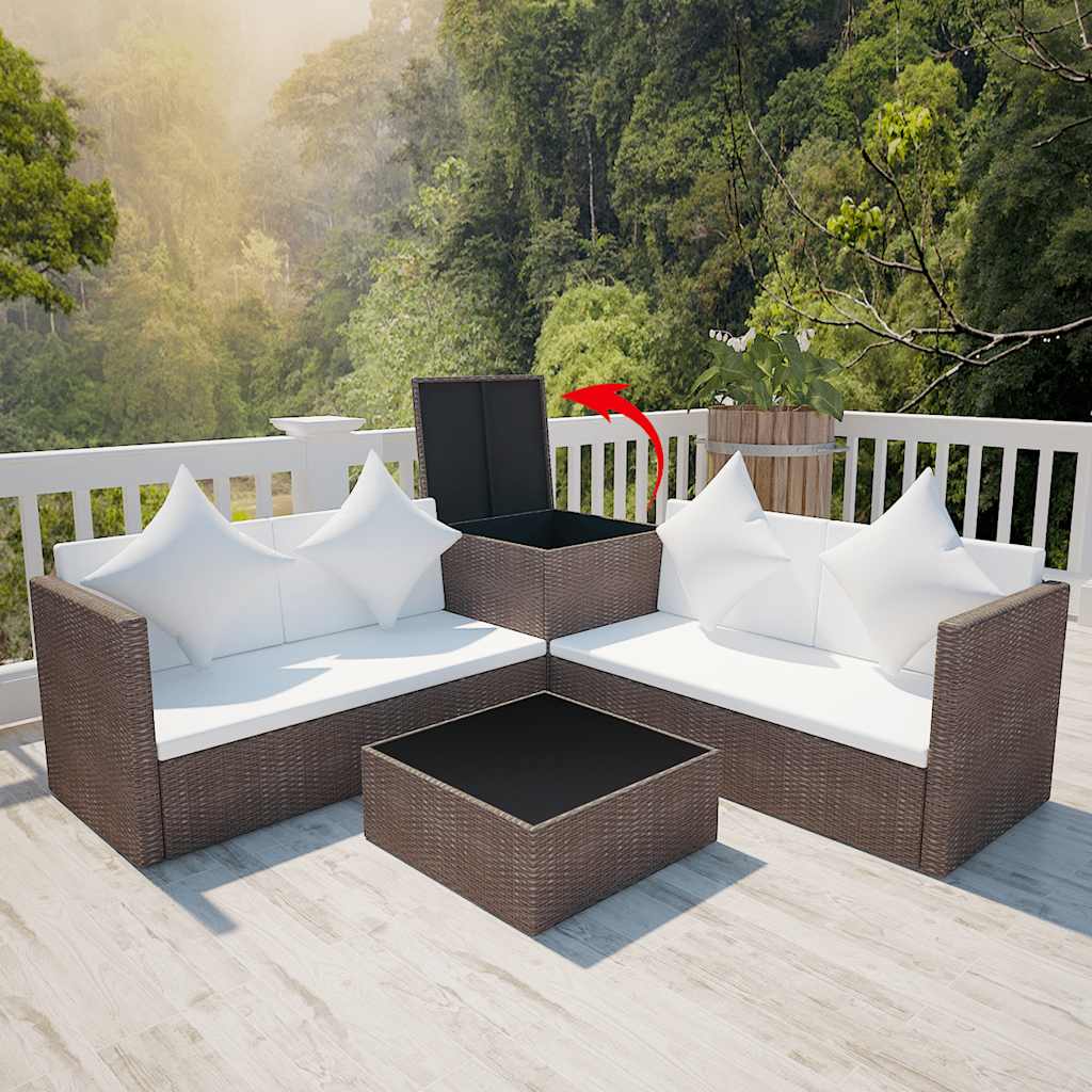 4 Pcs conjunto lounge jardim c/ almofadões vime PE castanho