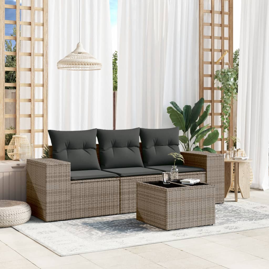 4 Pcs conjunto sofás de jardim c/ almofadões vime PE cinzento