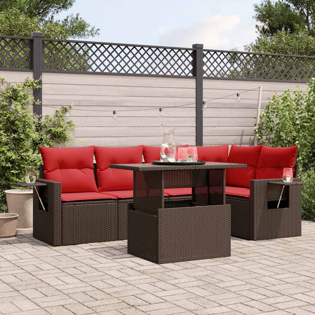 Conjunto de sofá de jardim com 6 peças e almofadas em rattan sintético marrom
