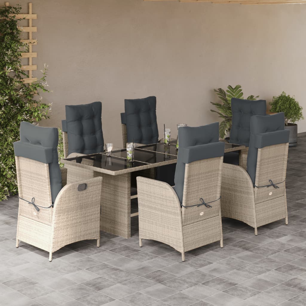 7 Pcs conj. jantar p/ jardim c/ almofadões vime PE cinza-claro