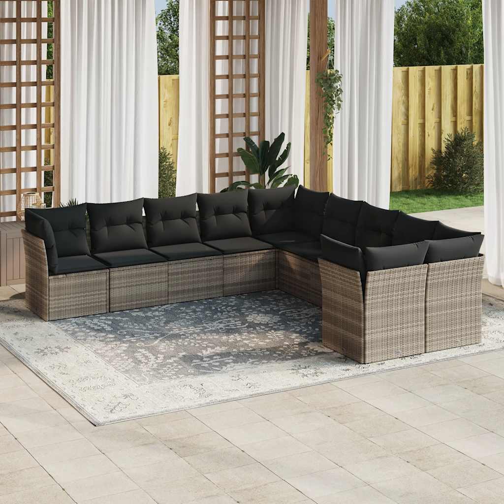 10 Pcs conj. sofás jardim com almofadões vime PE cinzento-claro