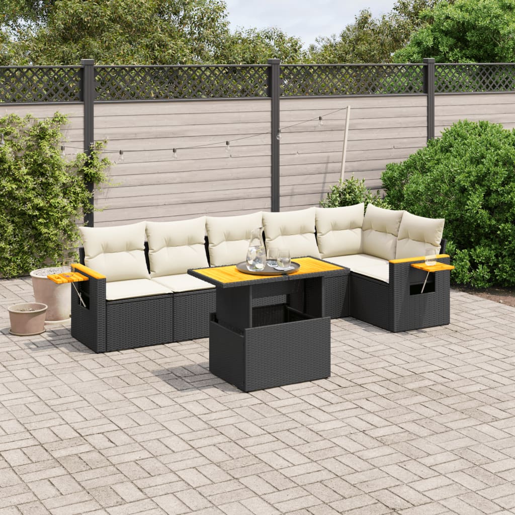 7 Pcs conjunto de sofás p/ jardim c/ almofadões vime PE preto