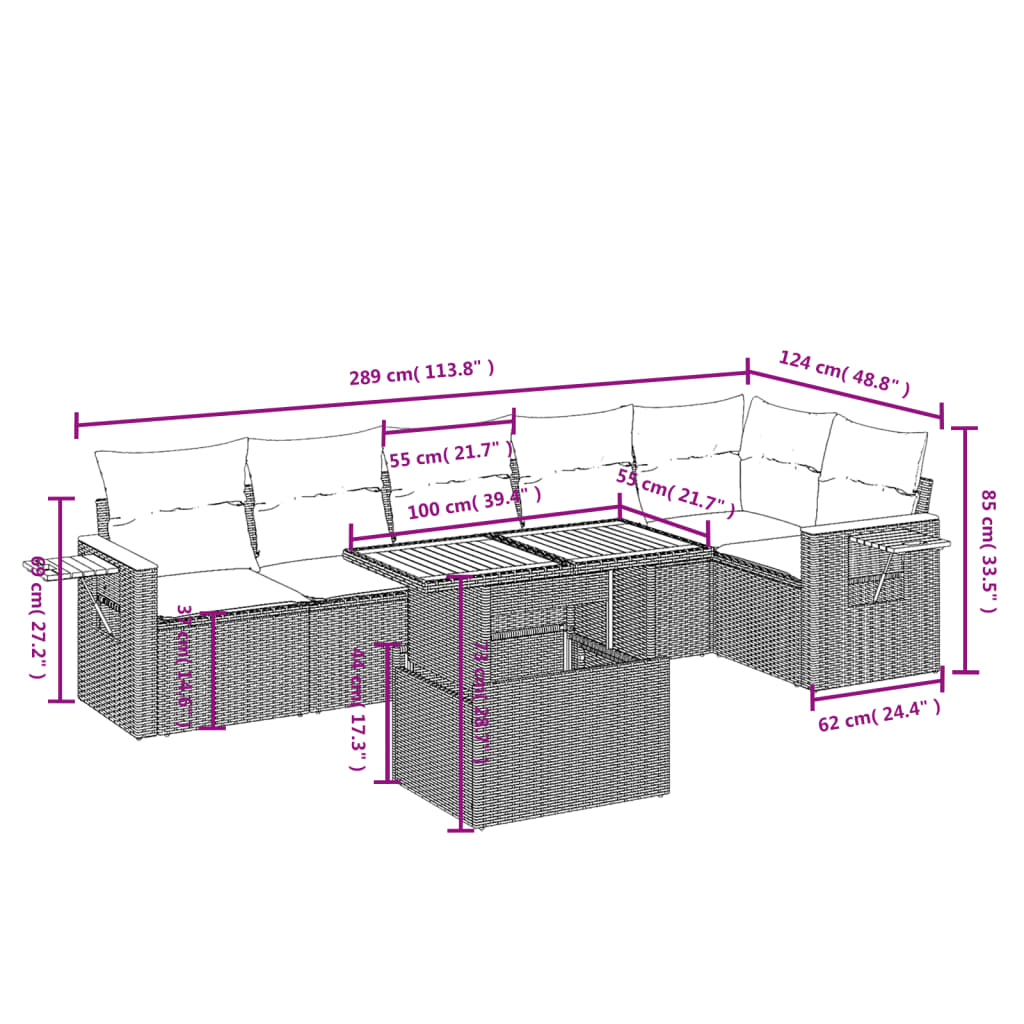 7 Pcs conjunto de sofás p/ jardim c/ almofadões vime PE preto
