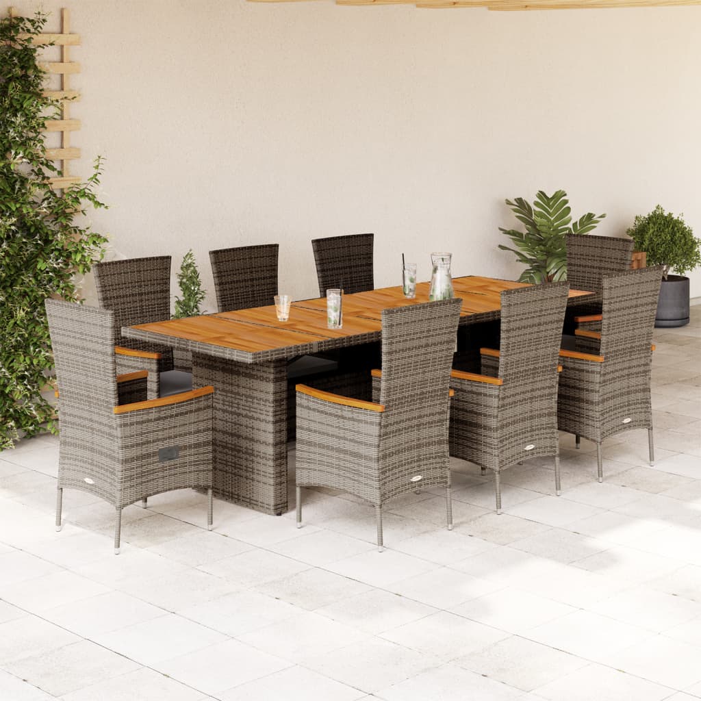 9 Pcs conjunto de jantar p/ jardim c/ almofadões vime PE cinza