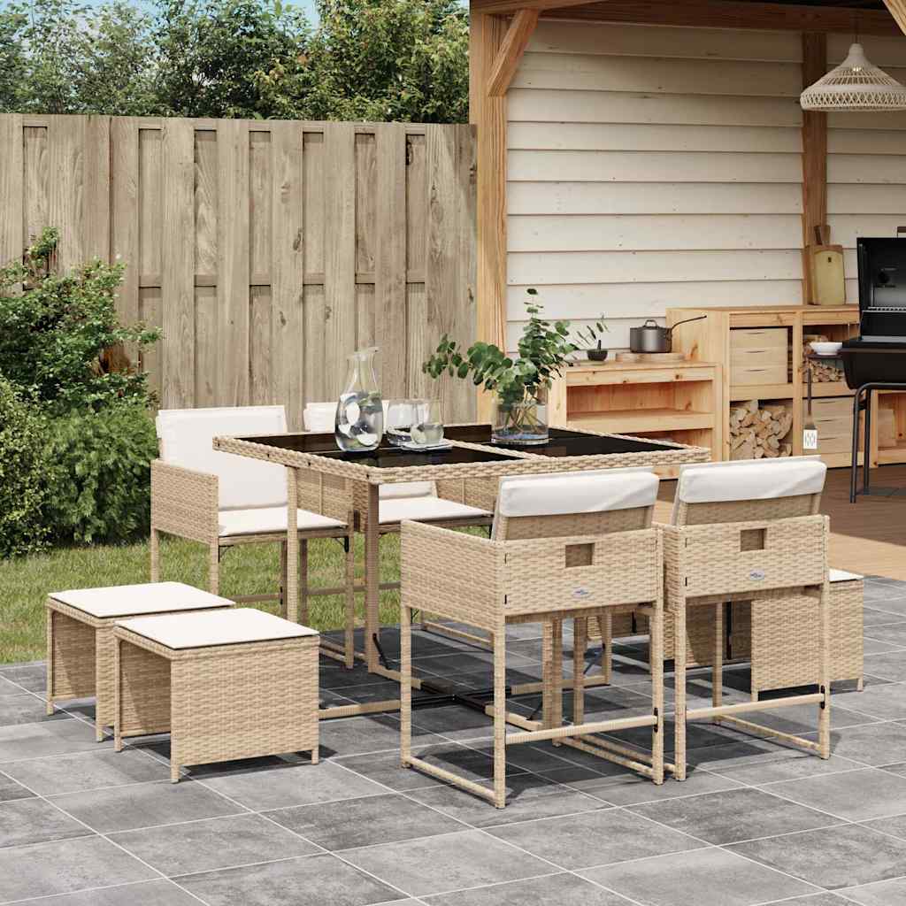 9 Pcs conjunto de jantar p/ jardim com almofadões vime PE bege