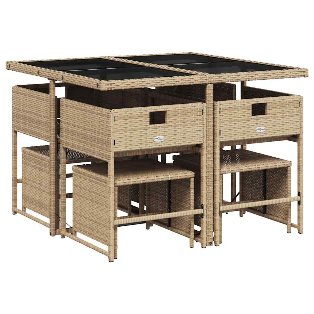 9 Pcs conjunto de jantar p/ jardim com almofadões vime PE bege