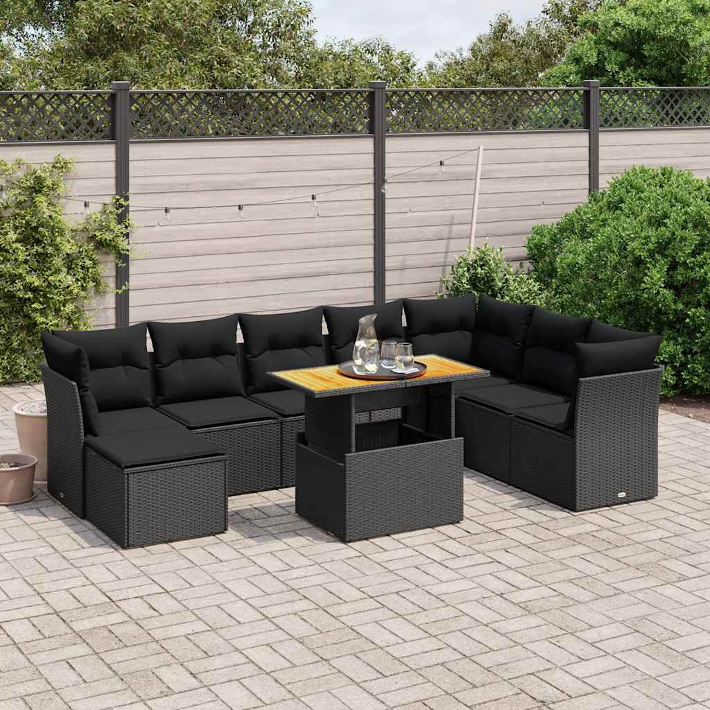 9 Pcs conjunto de sofás p/ jardim c/ almofadões vime PE preto