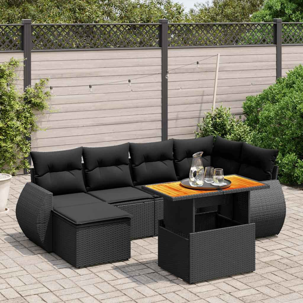 7 Pcs conjunto de sofás p/ jardim c/ almofadões vime PE preto