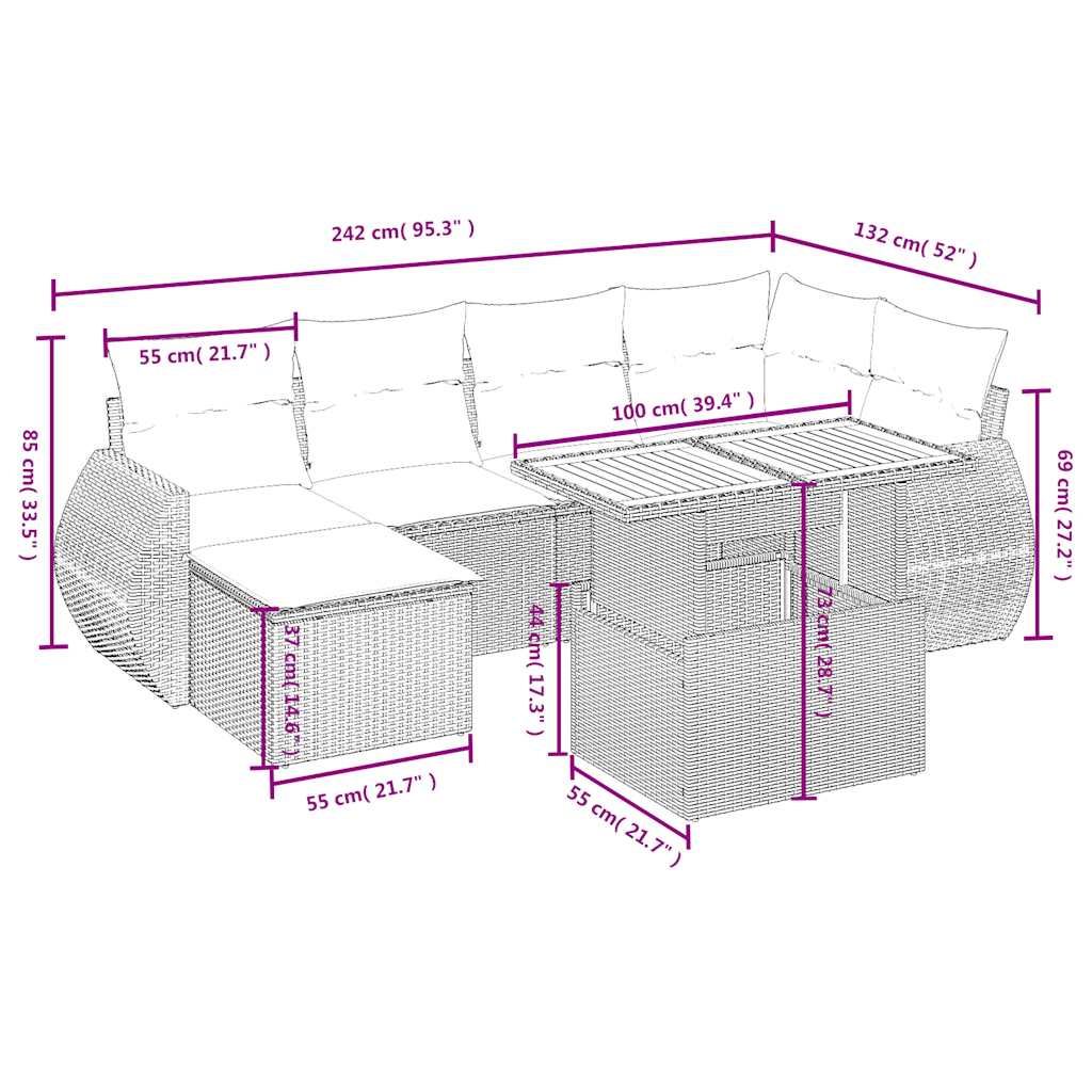 7 Pcs conjunto de sofás p/ jardim c/ almofadões vime PE preto